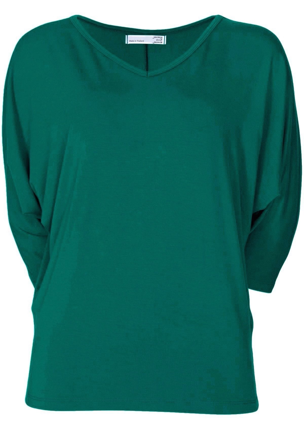 Front view women's 3/4 sleeve rayon batwing v-neck green top.