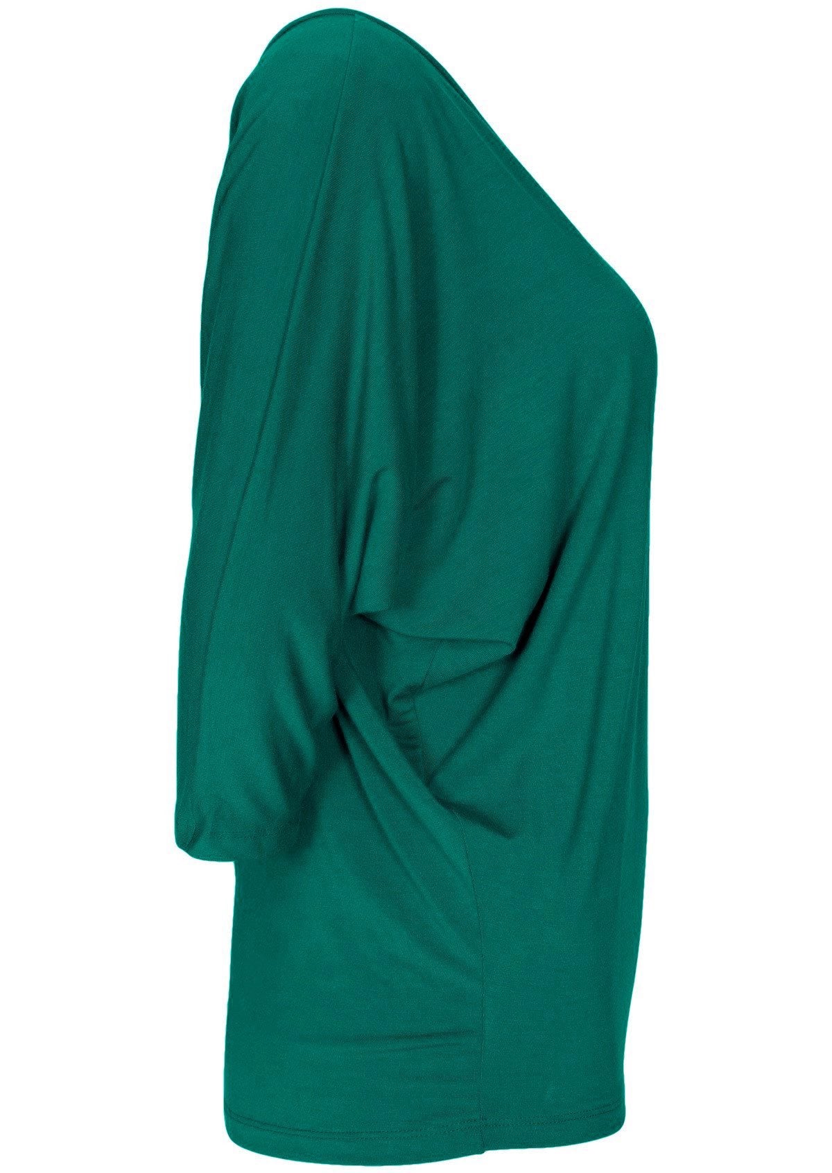 Side view women's 3/4 sleeve rayon batwing v-neck green top.