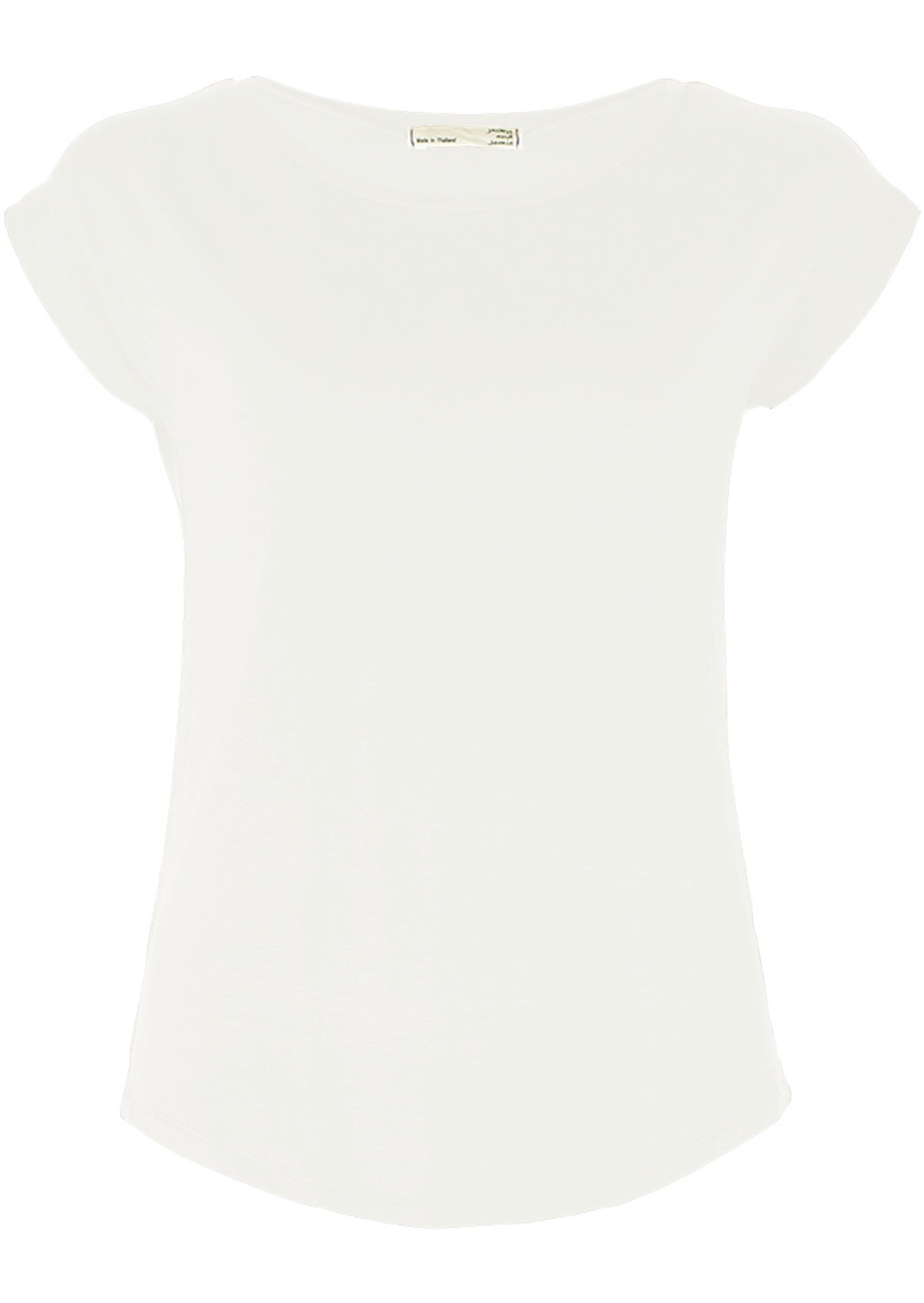 Front view women's white rayon jersey t-shirt.