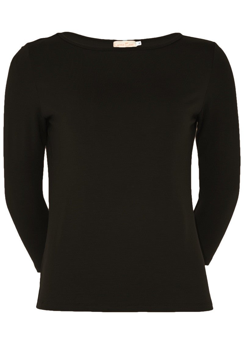 Front view of women's rayon boat neck black 3/4 sleeve top