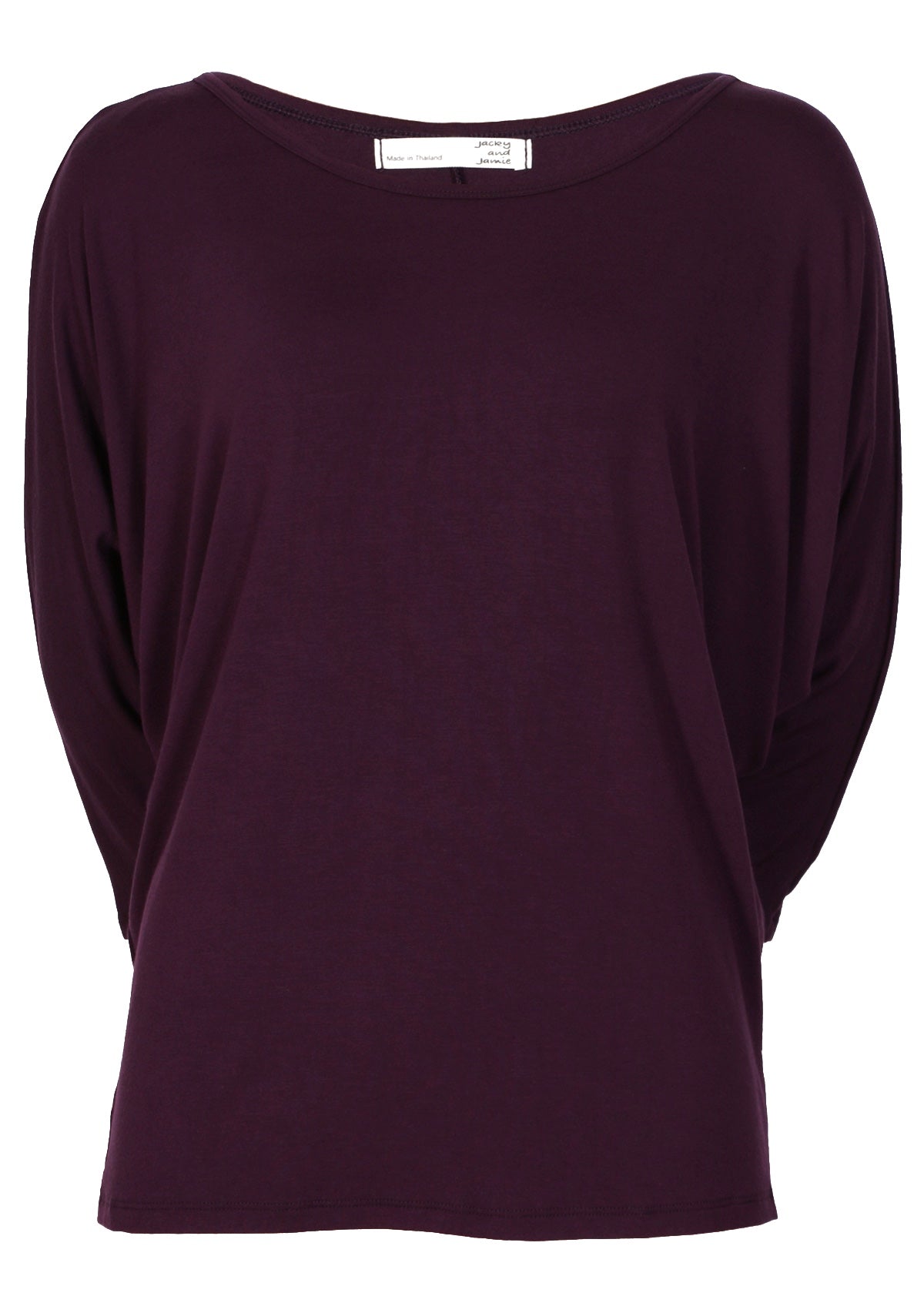 Front view of a 3/4 sleeve rayon batwing round neckline purple top.