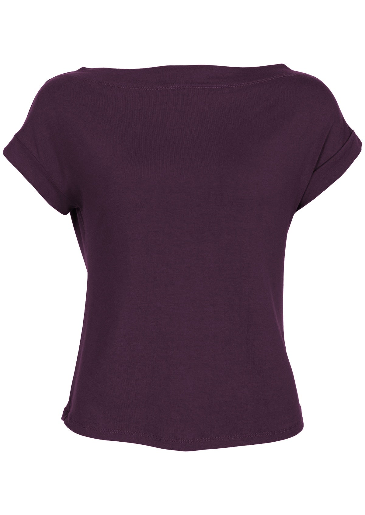 Front view of women's wide neck mod purple stretch rayon boat neck top
