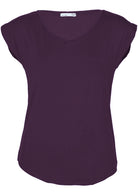 Front view of women's dark purple v-neck short cap sleeve rayon top