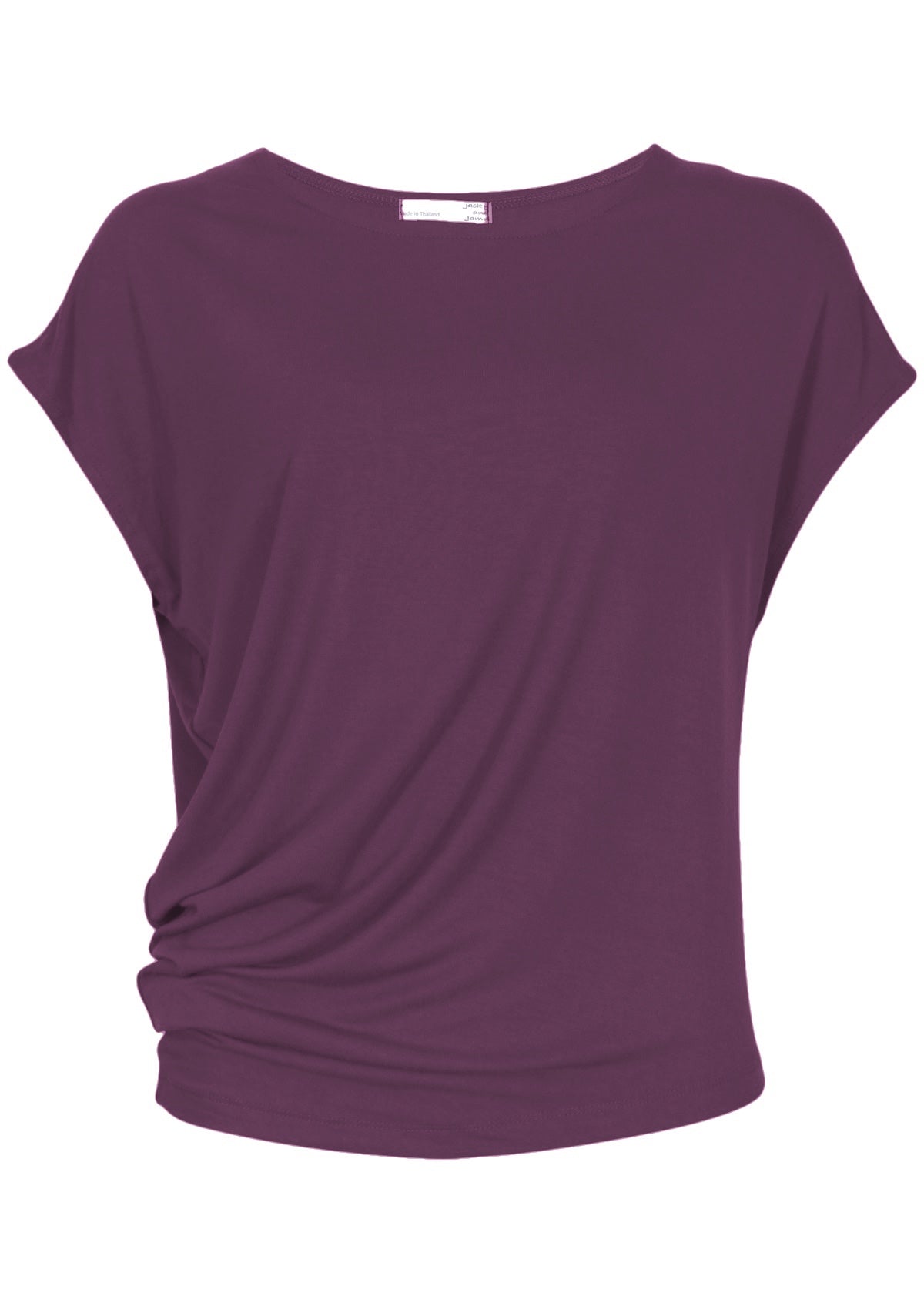 purple round neck asymmetrical side of top creating gathering
