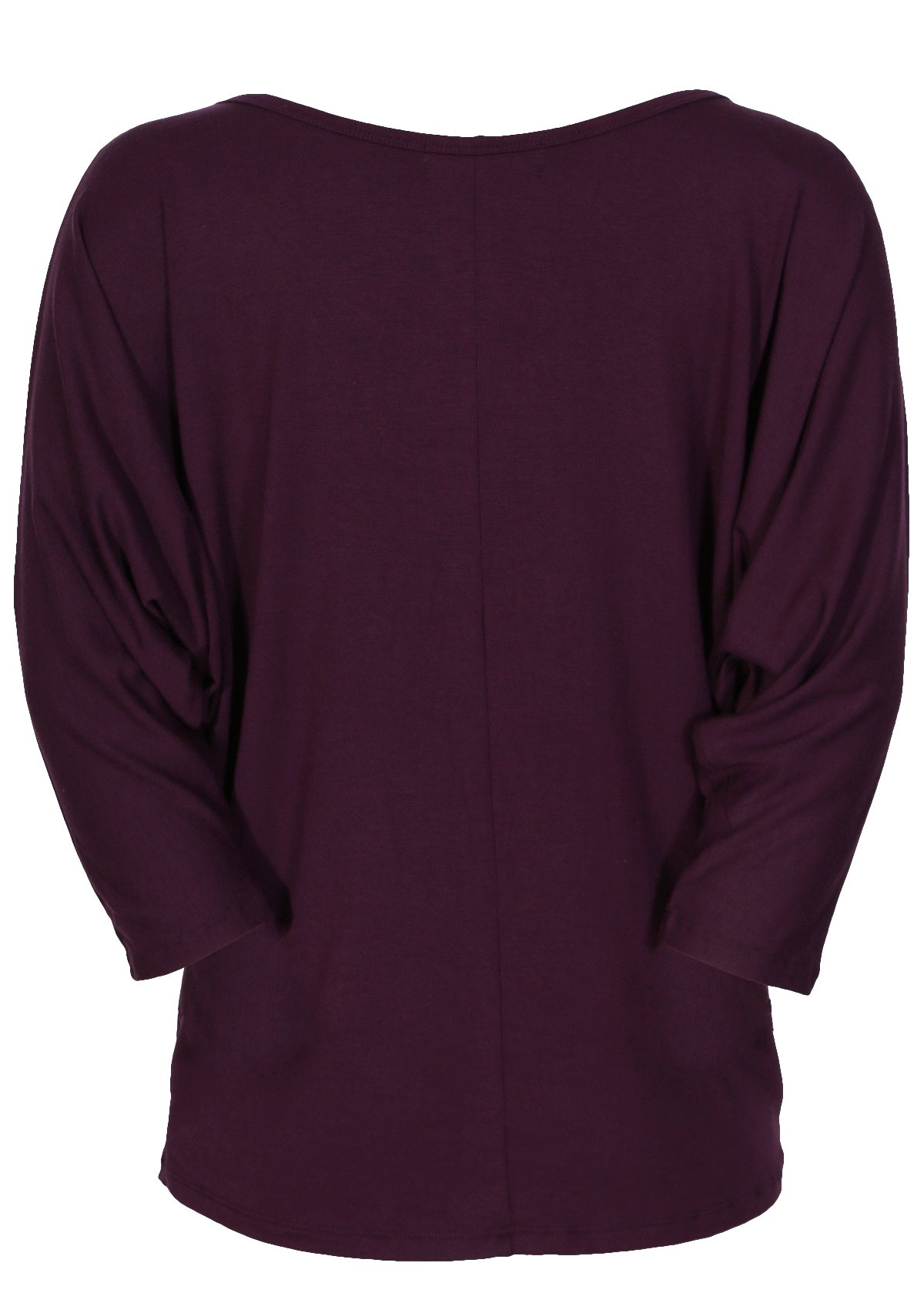 Back view of a 3/4 sleeve rayon batwing round neckline purple top.