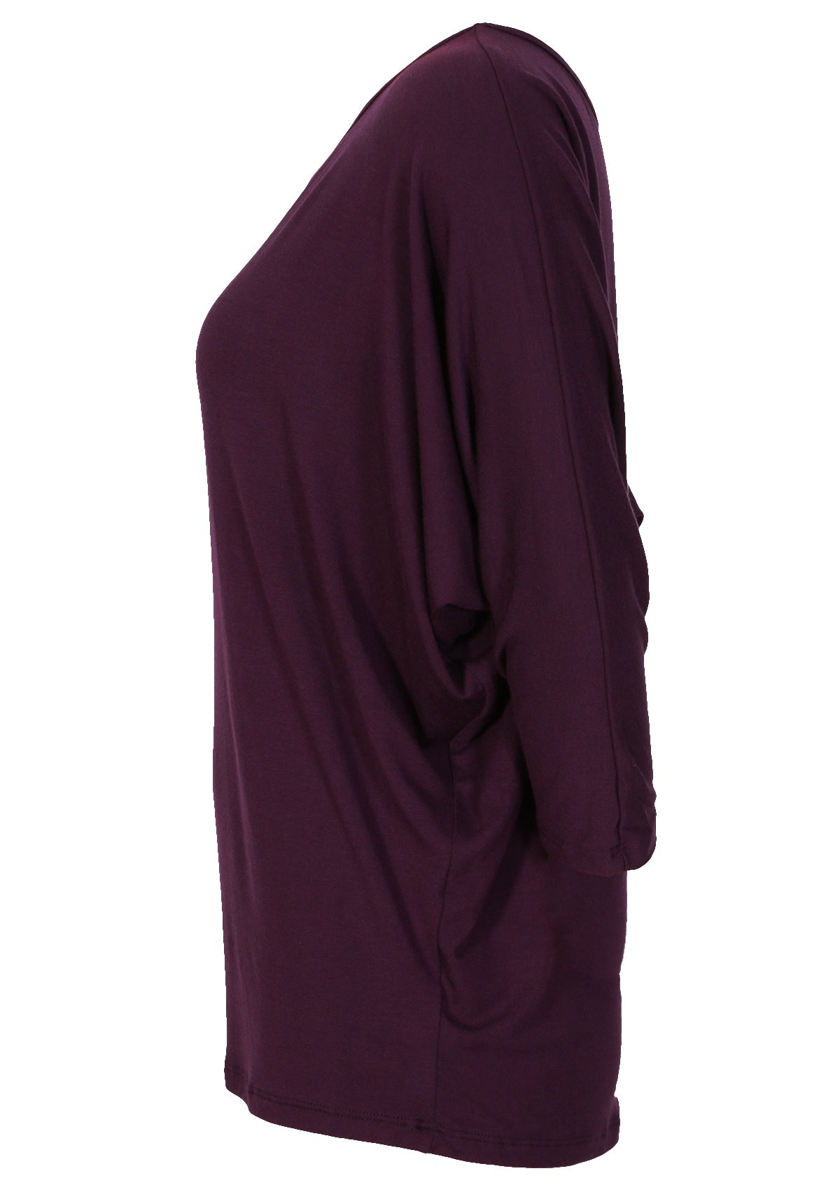 Side view of loose fit purple basic 3/4 top