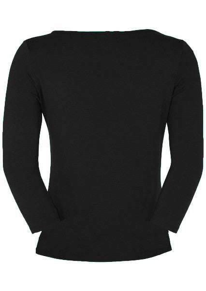 Back view of women's rayon boat neck black 3/4 sleeve top