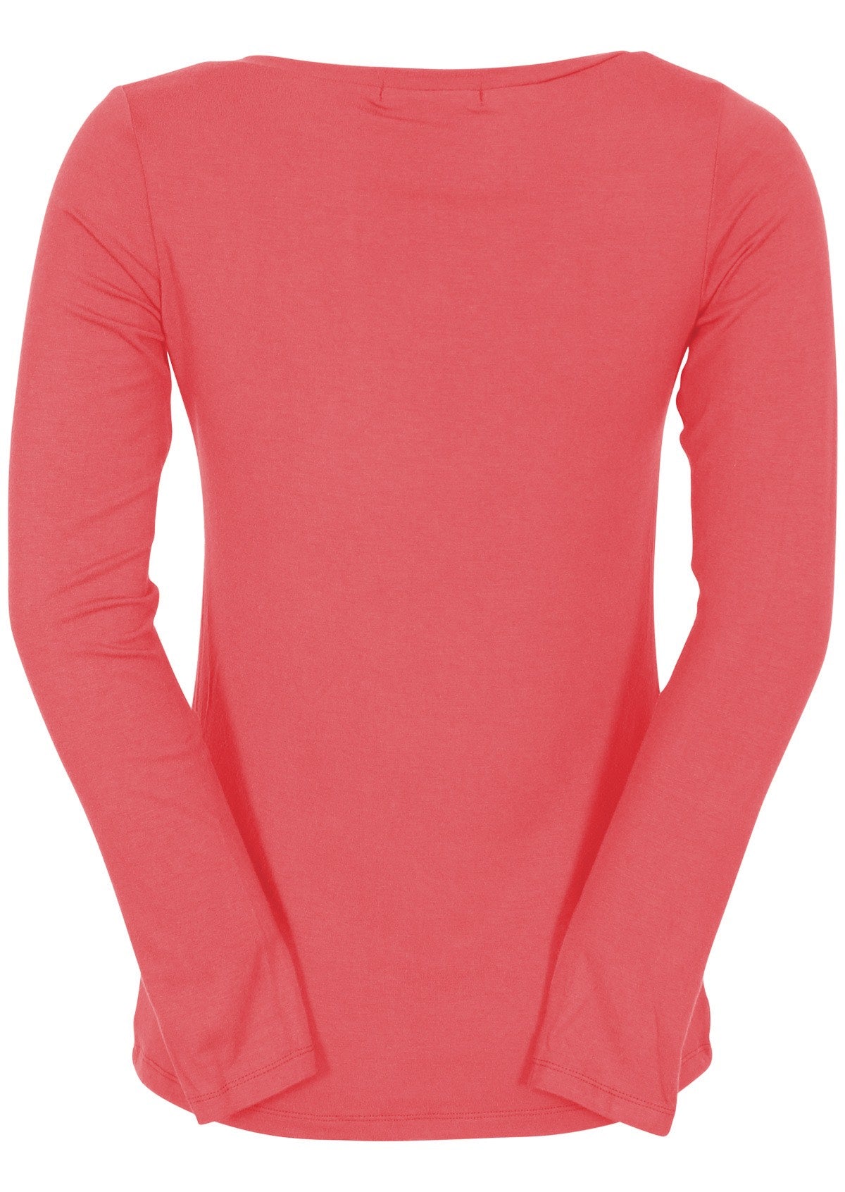 Back view of women's pink long sleeve stretch v-neck soft rayon top.