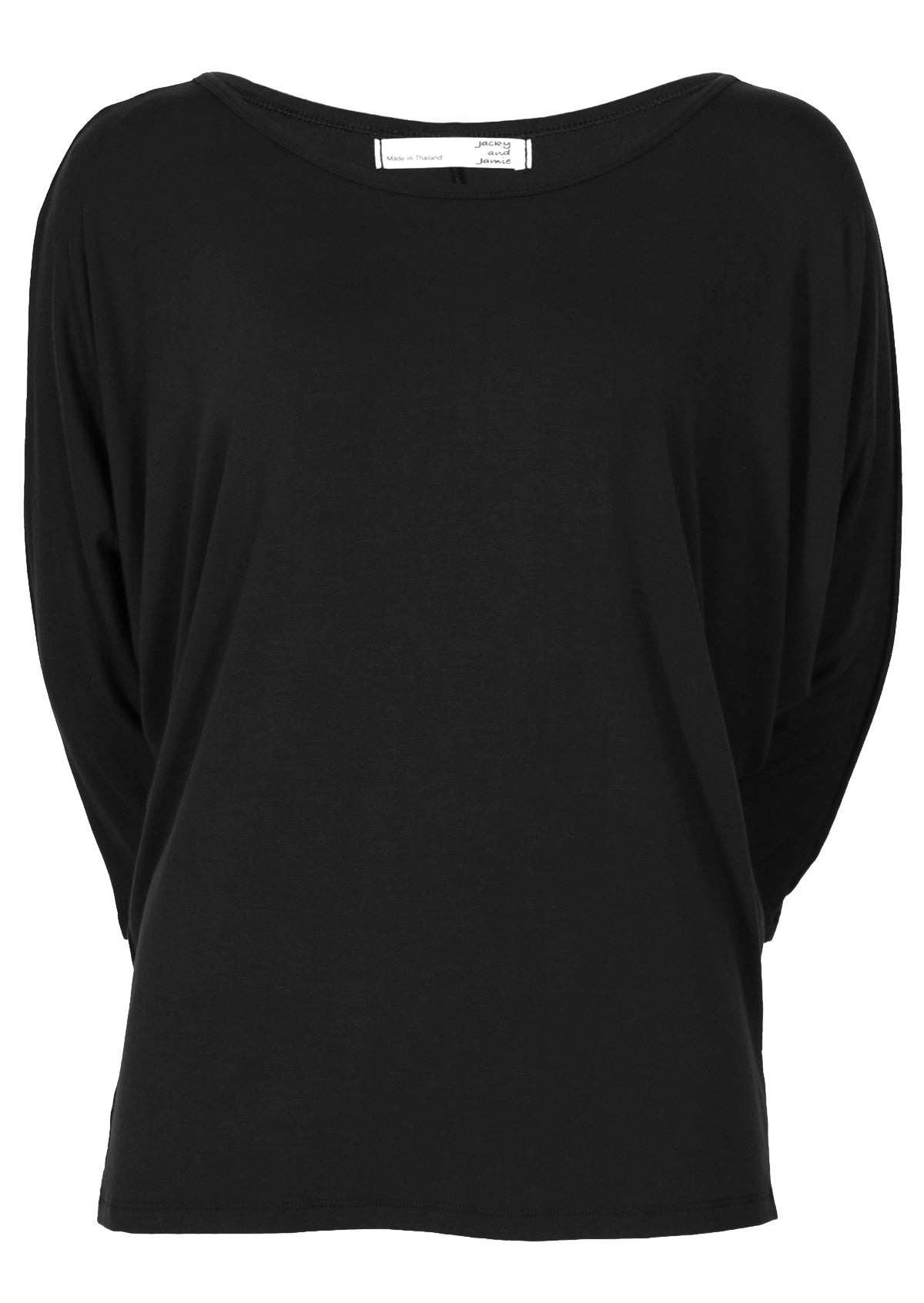 Front view women's 3/4 sleeve rayon batwing round neckline black top.