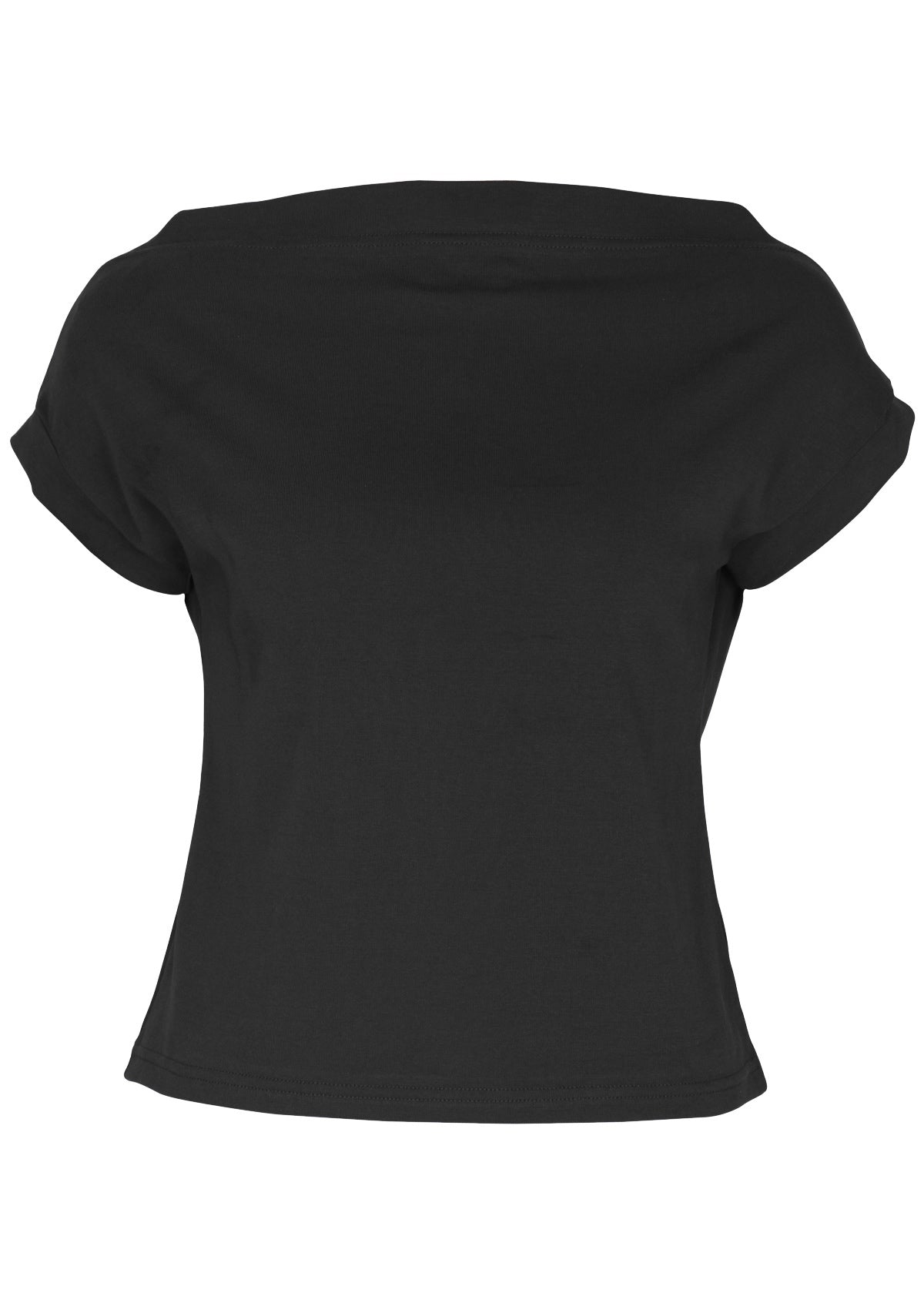 Front view of women's wide neck mod black stretch rayon boat neck top