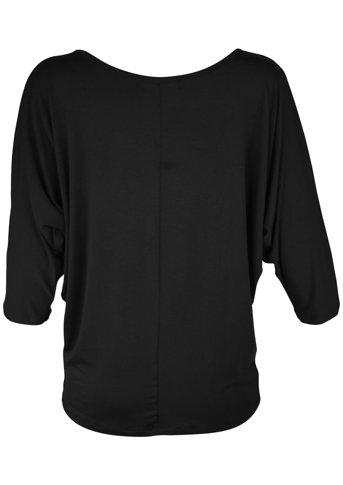 Back view women's 3/4 sleeve rayon batwing v-neck black top.