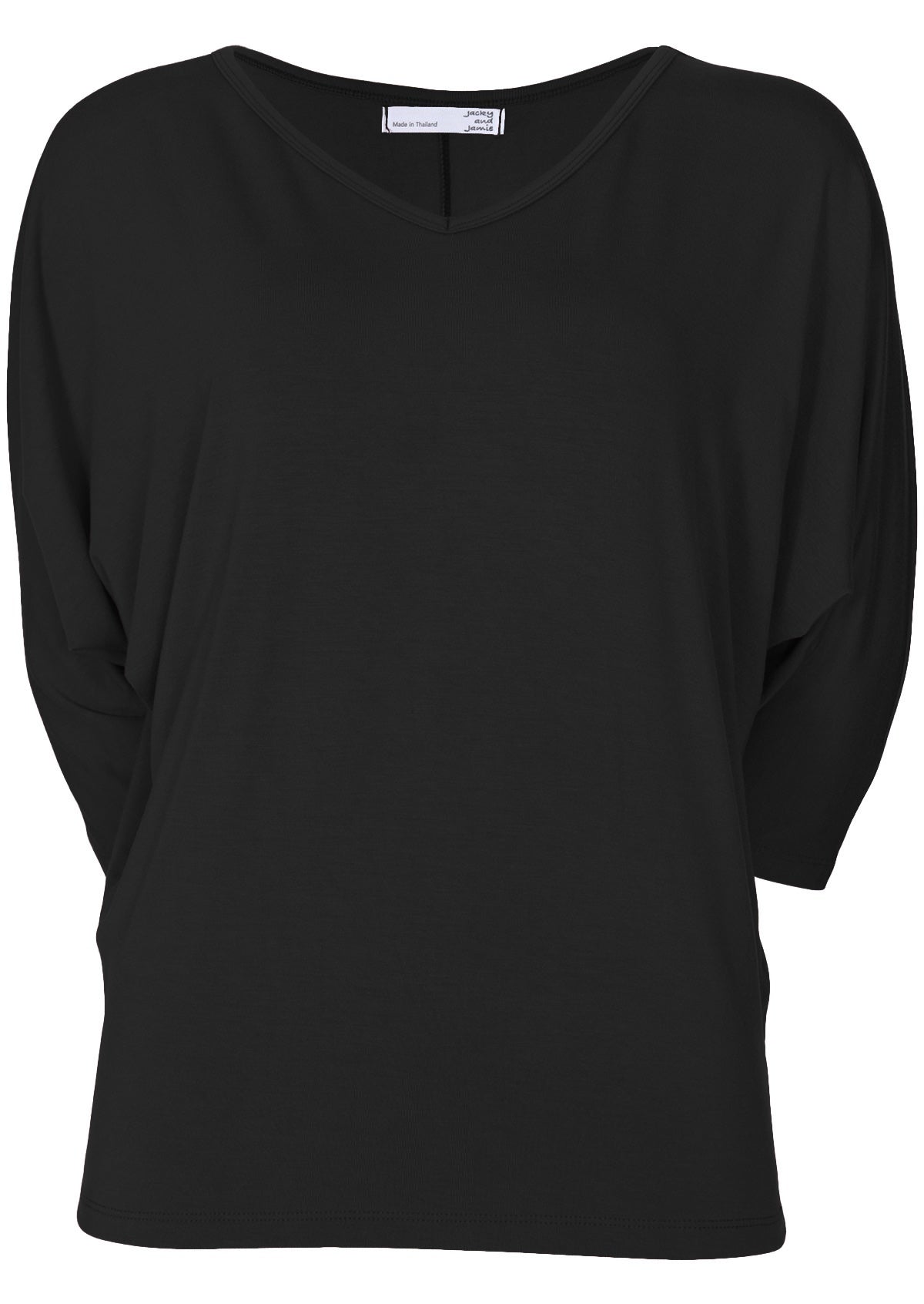 Front view of women's 3/4 sleeve rayon batwing v-neck black top.