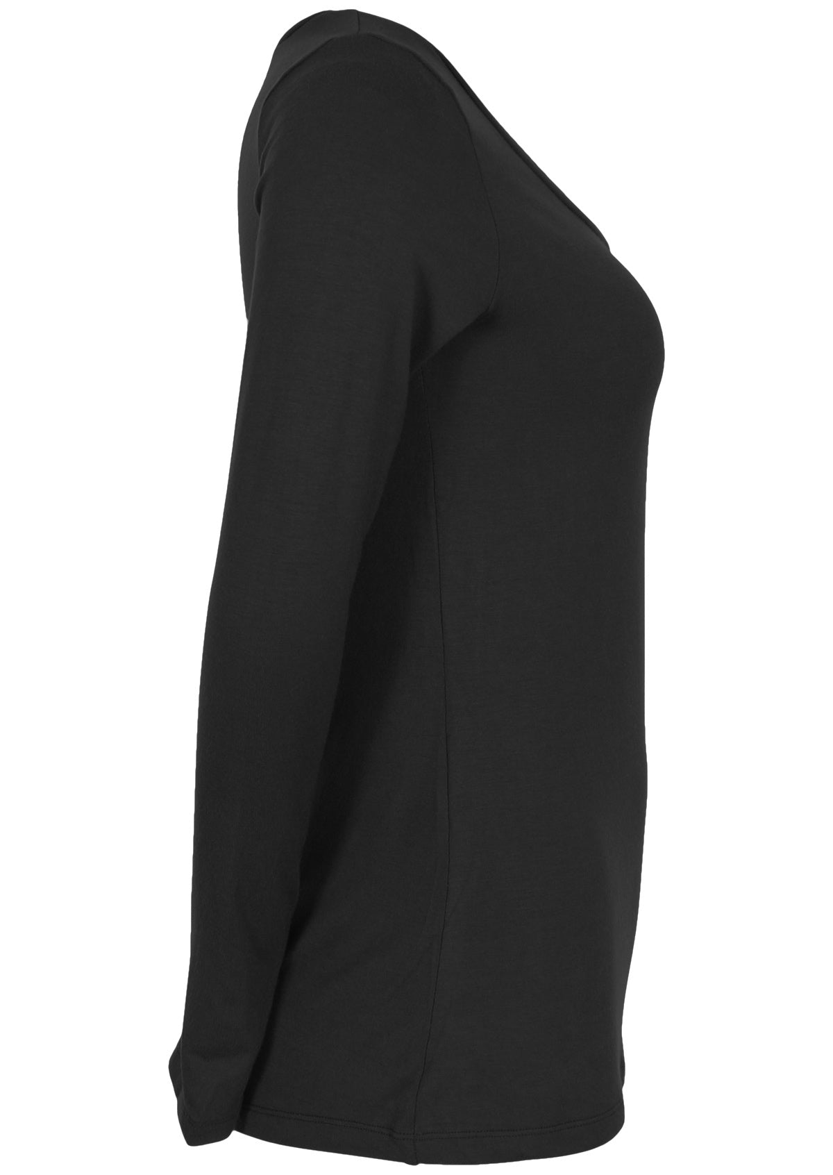 Side view of women's black long sleeve stretch v-neck soft rayon top.