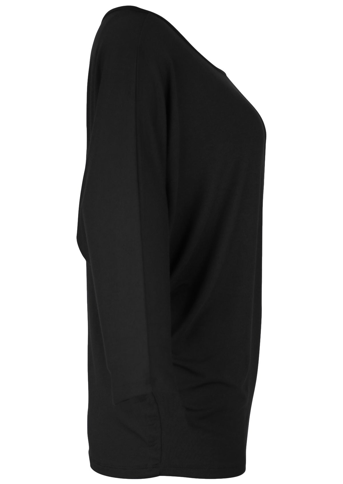 Side view of women's 3/4 sleeve rayon batwing v-neck black top.