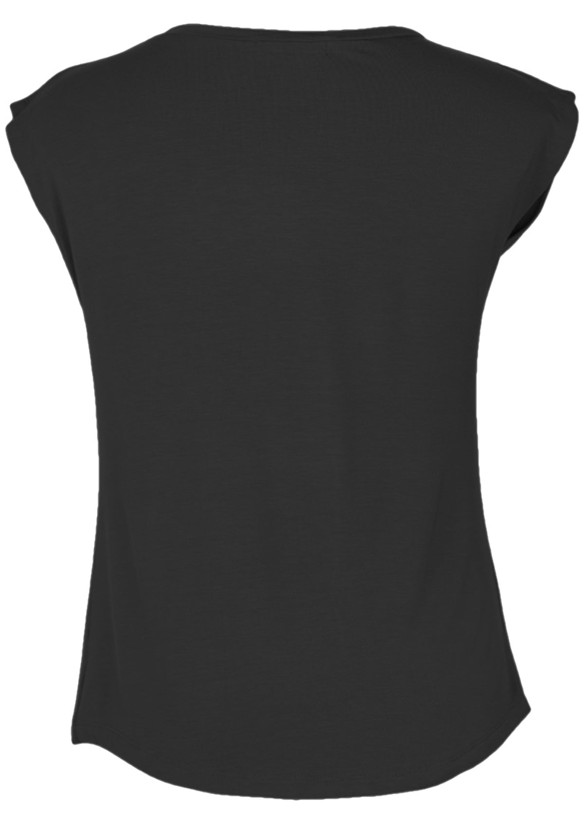 Back view of women's black v-neck short cap sleeve rayon top