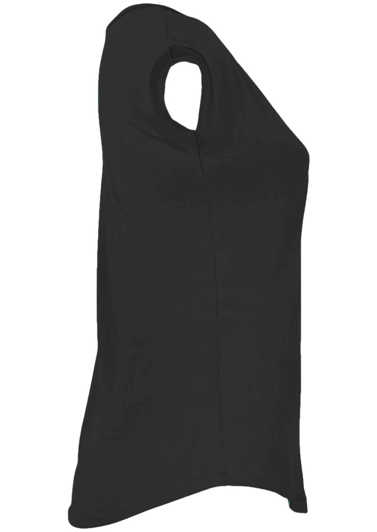 Side view of women's black v-neck short cap sleeve rayon top
