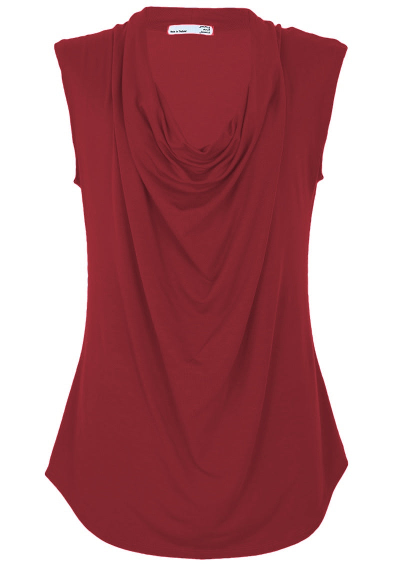 Front view of maroon cowl neck rayon women's top on white background.