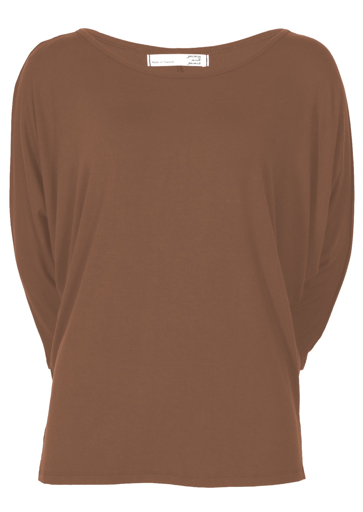 Front view of women's 3/4 sleeve rayon batwing round neckline brown top.