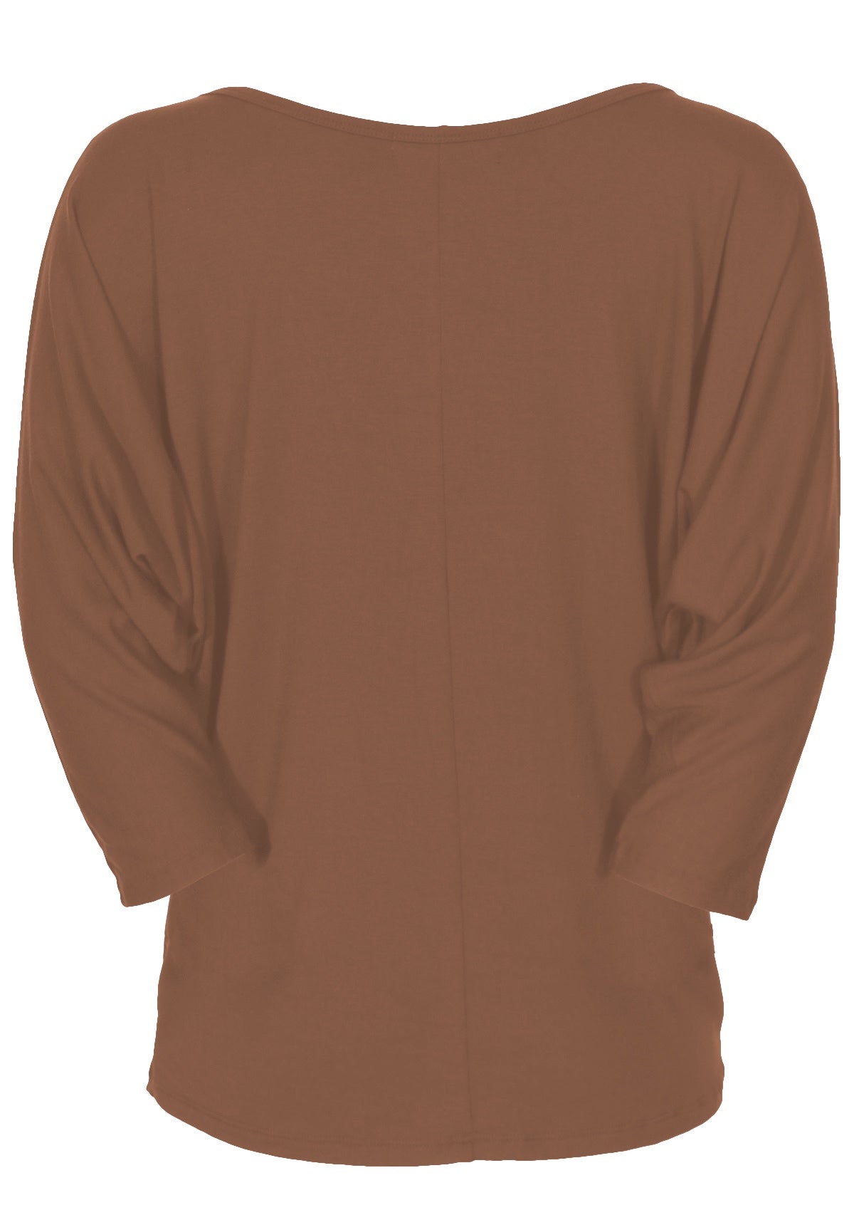 Backview of a 3/4 sleeve rayon batwing round neckline brown top.