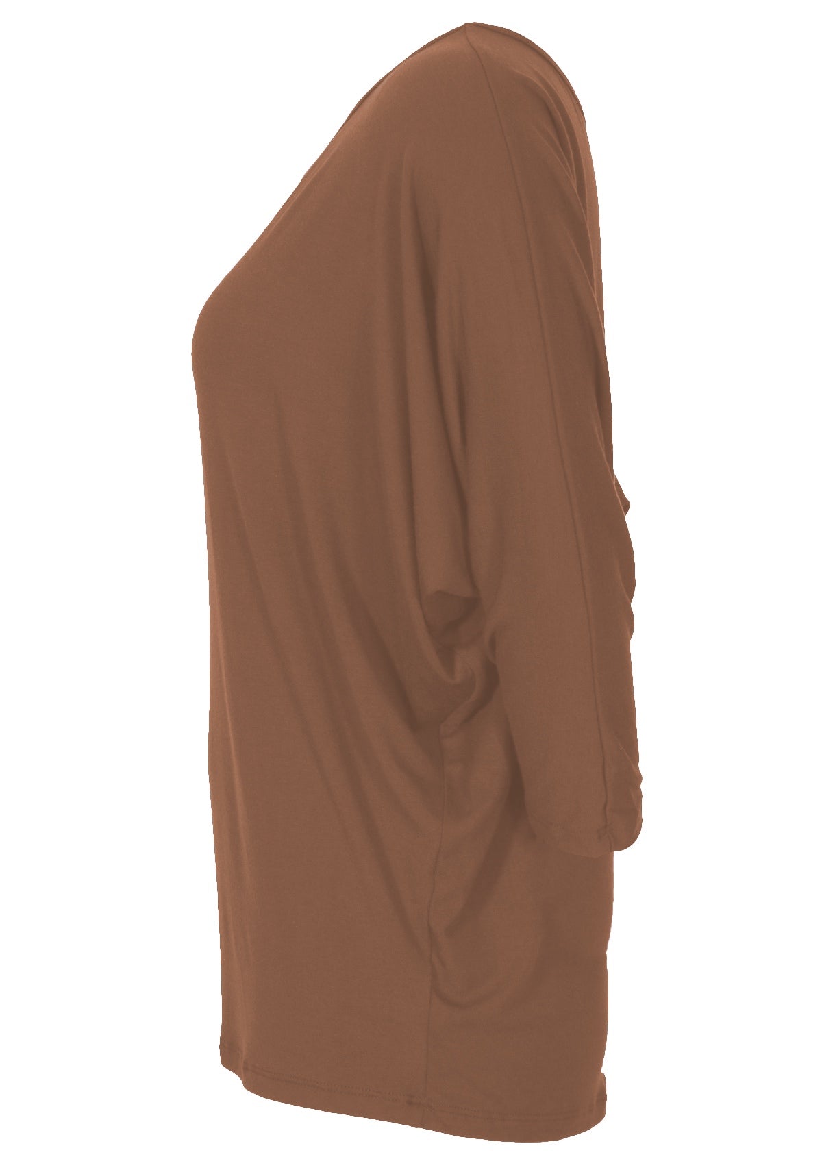 Side view of a loose fit women's brown 3/4 top