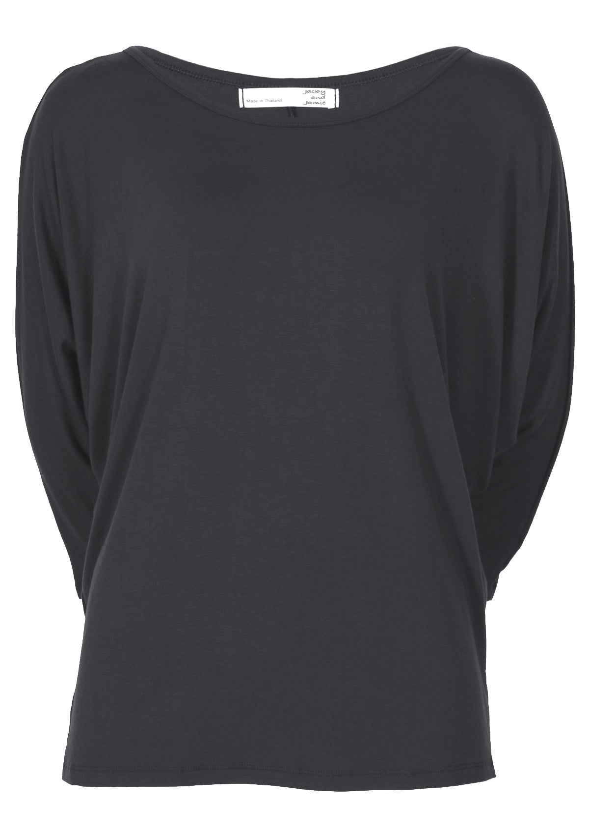 Front view of a women's 3/4 sleeve rayon batwing round neckline dark grey top.
