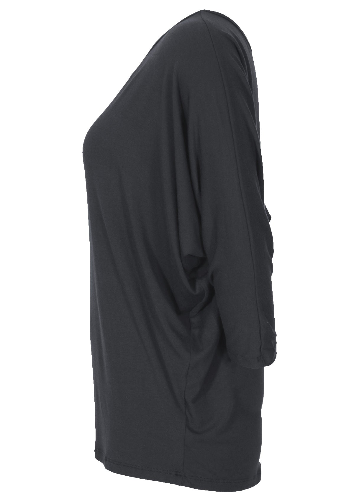 Side view of a 3/4 sleeve rayon batwing round neckline dark grey top.