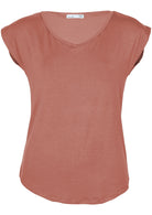 Front view of a women's dusty pink v-neck short cap sleeve rayon top