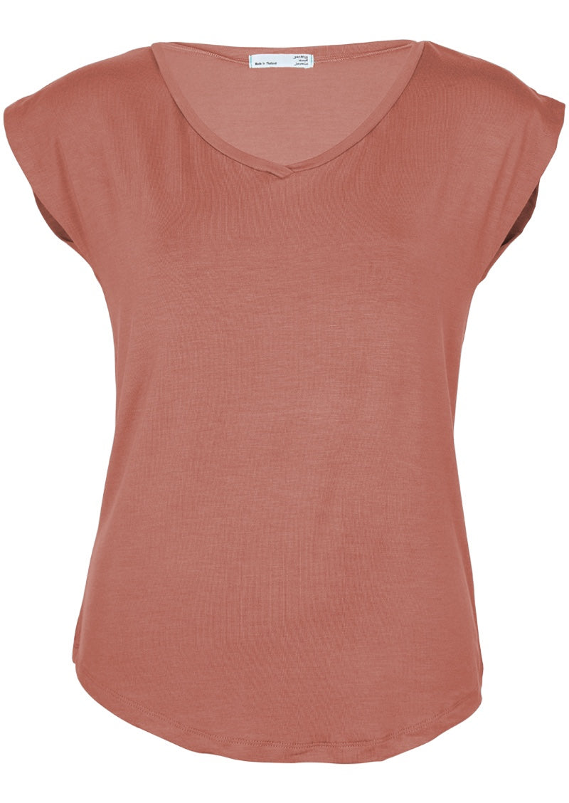 Front view of a women's dusty pink v-neck short cap sleeve rayon top