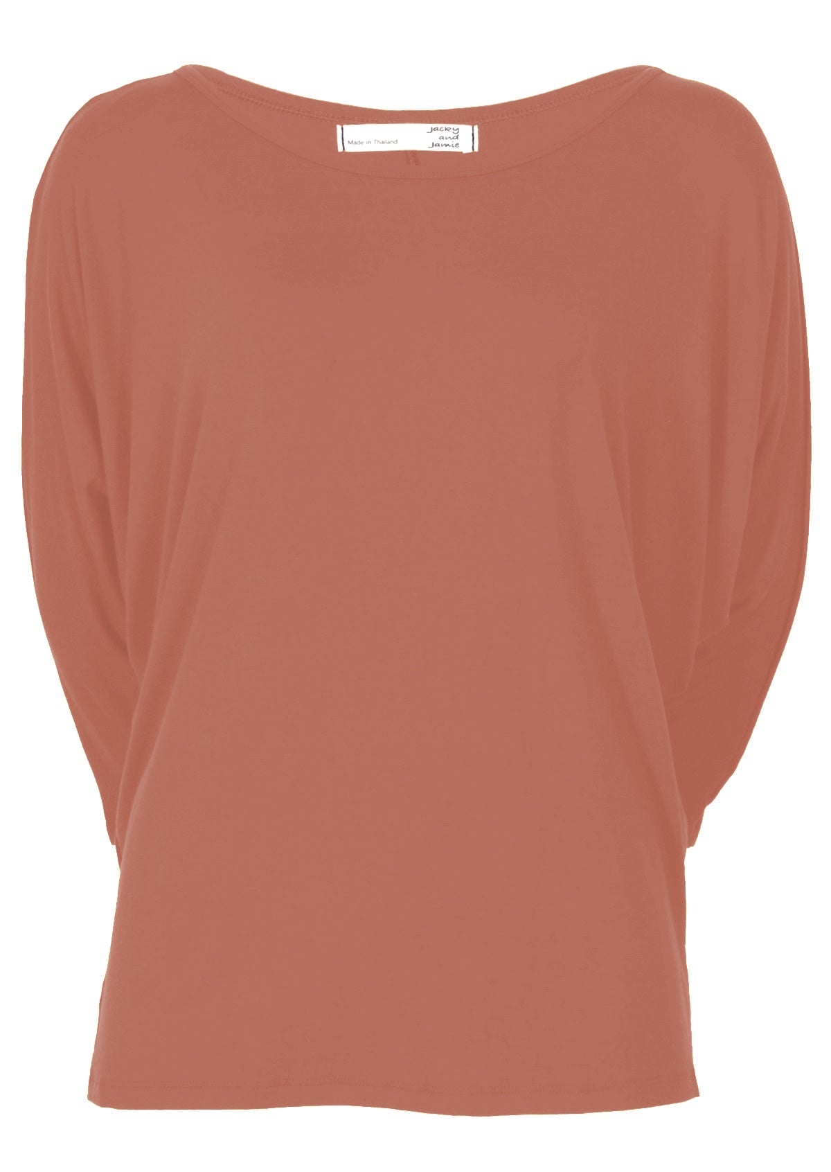 Front view of women's 3/4 sleeve rayon batwing round neckline dusty pink top.