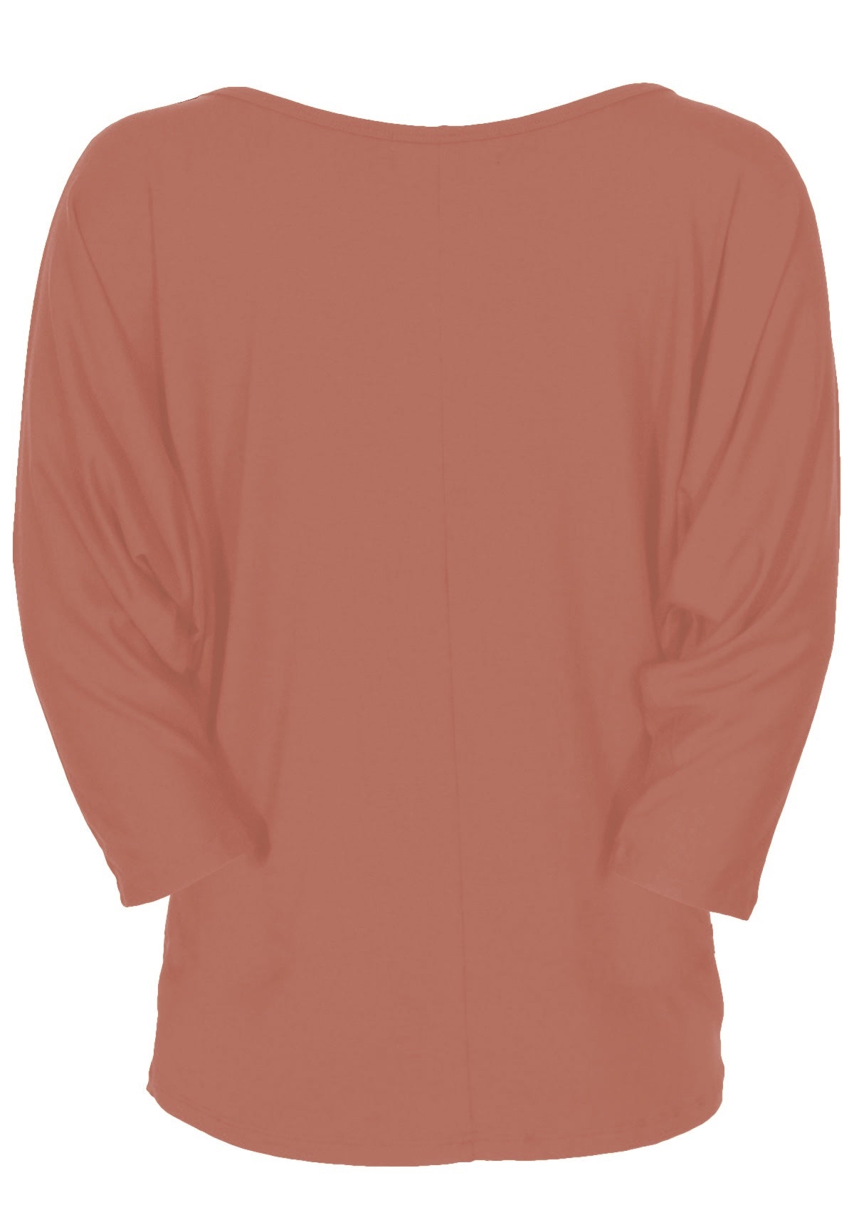 Back view of women's 3/4 sleeve rayon batwing round neckline dusty pink top.