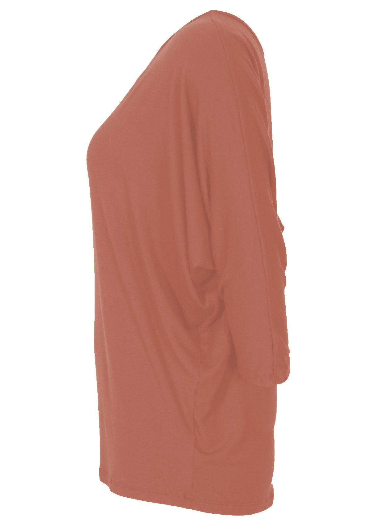 Side view of women's 3/4 sleeve rayon batwing round neckline dusty pink top.