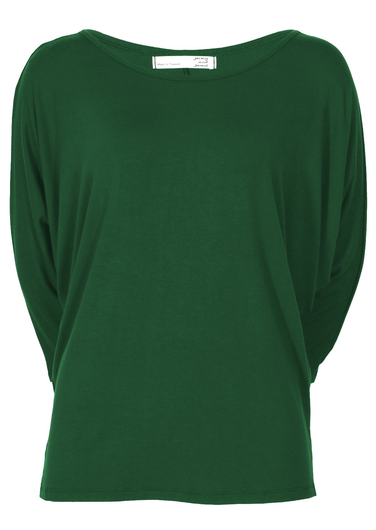 Front view of women's 3/4 sleeve rayon batwing round neckline green top.