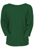 Back view women's 3/4 sleeve rayon batwing round neckline green top.