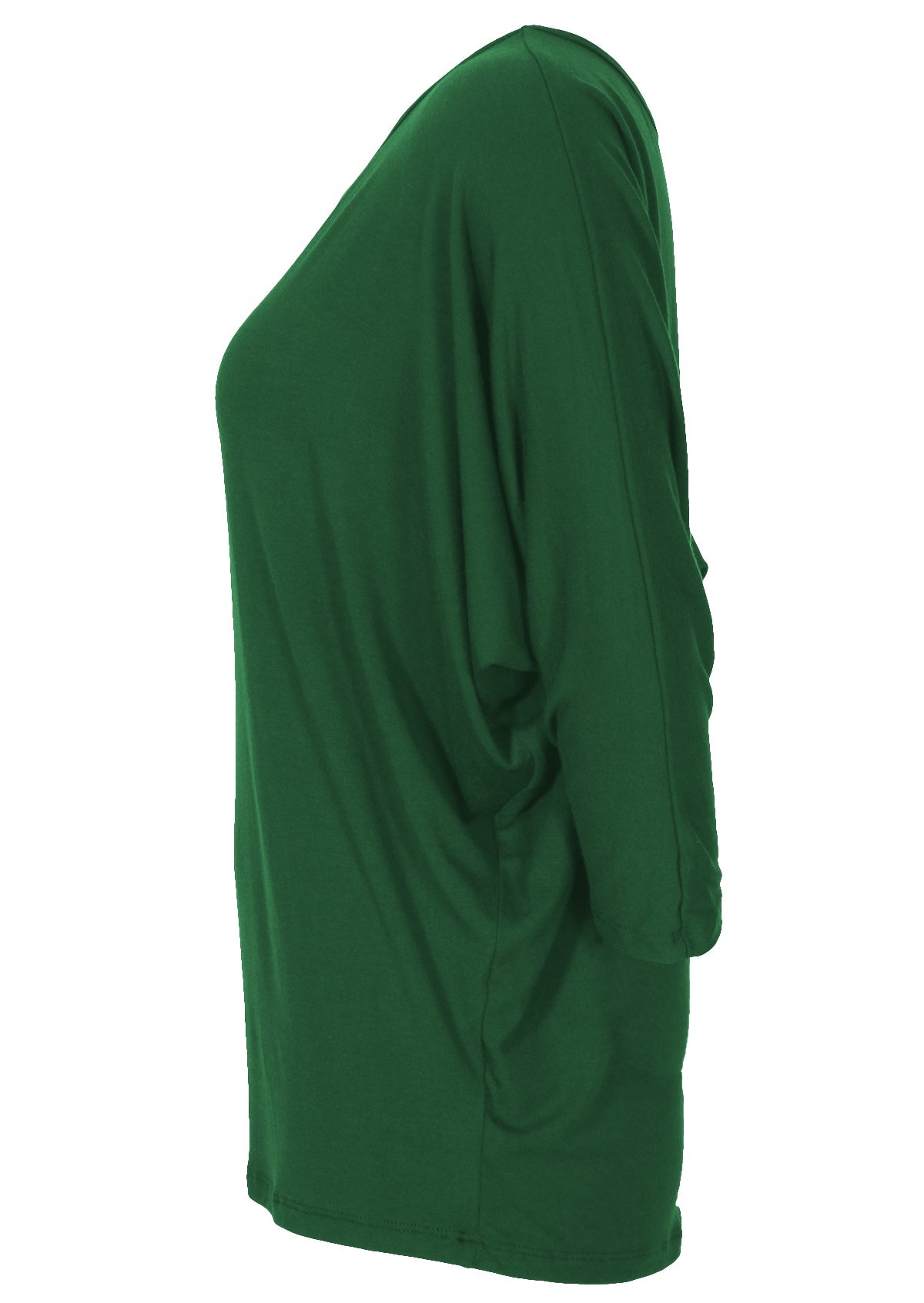 Side view of loose fitted women's green 3/4 sleeve top
