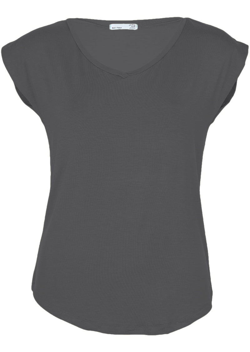 Front view of women's dark grey v-neck short cap sleeve rayon top