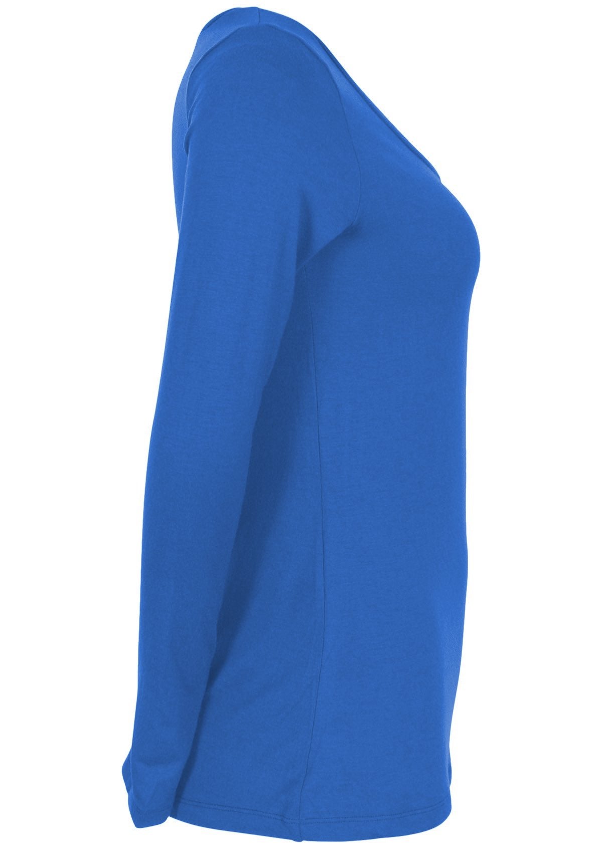 Side view of women's blue long sleeve stretch v-neck soft rayon top.