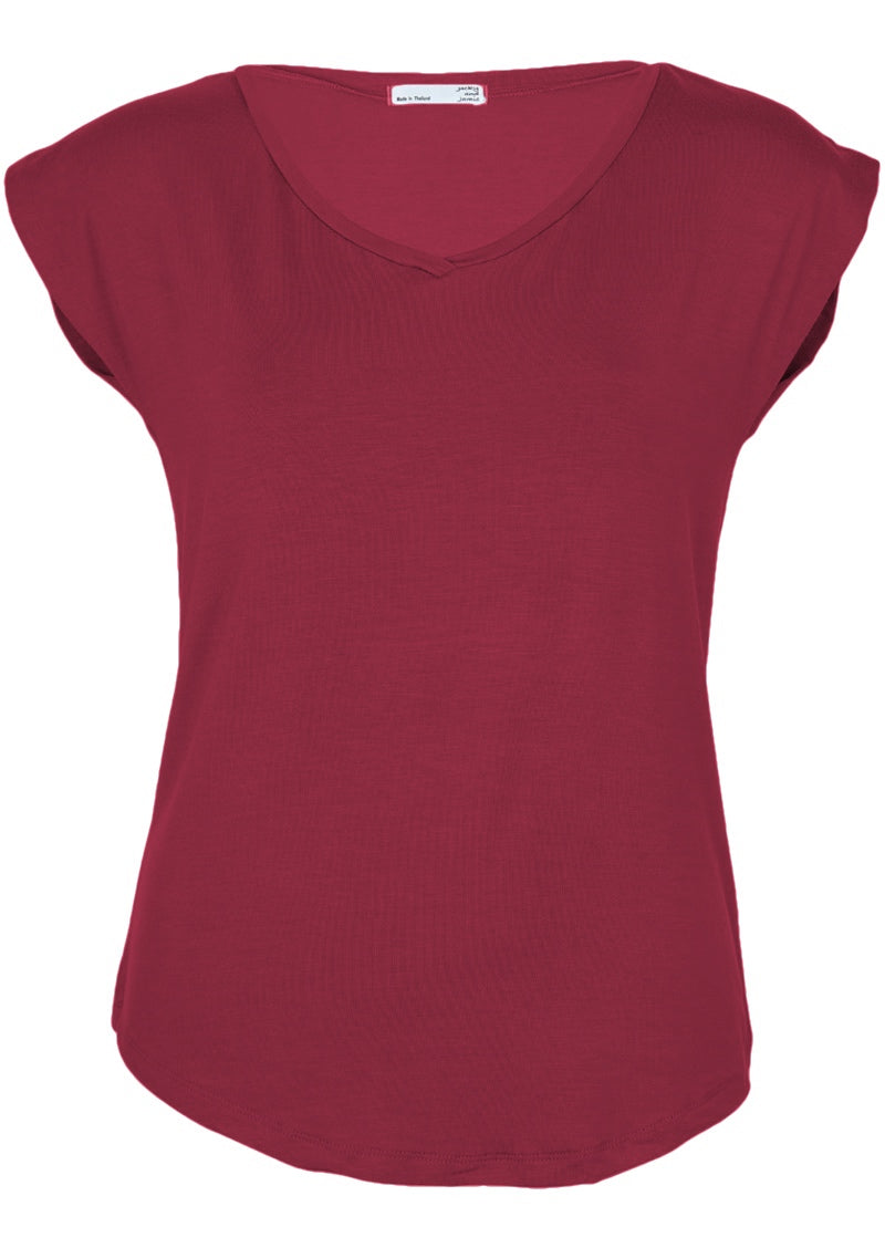 Front view of women's maroon v-neck short cap sleeve rayon top