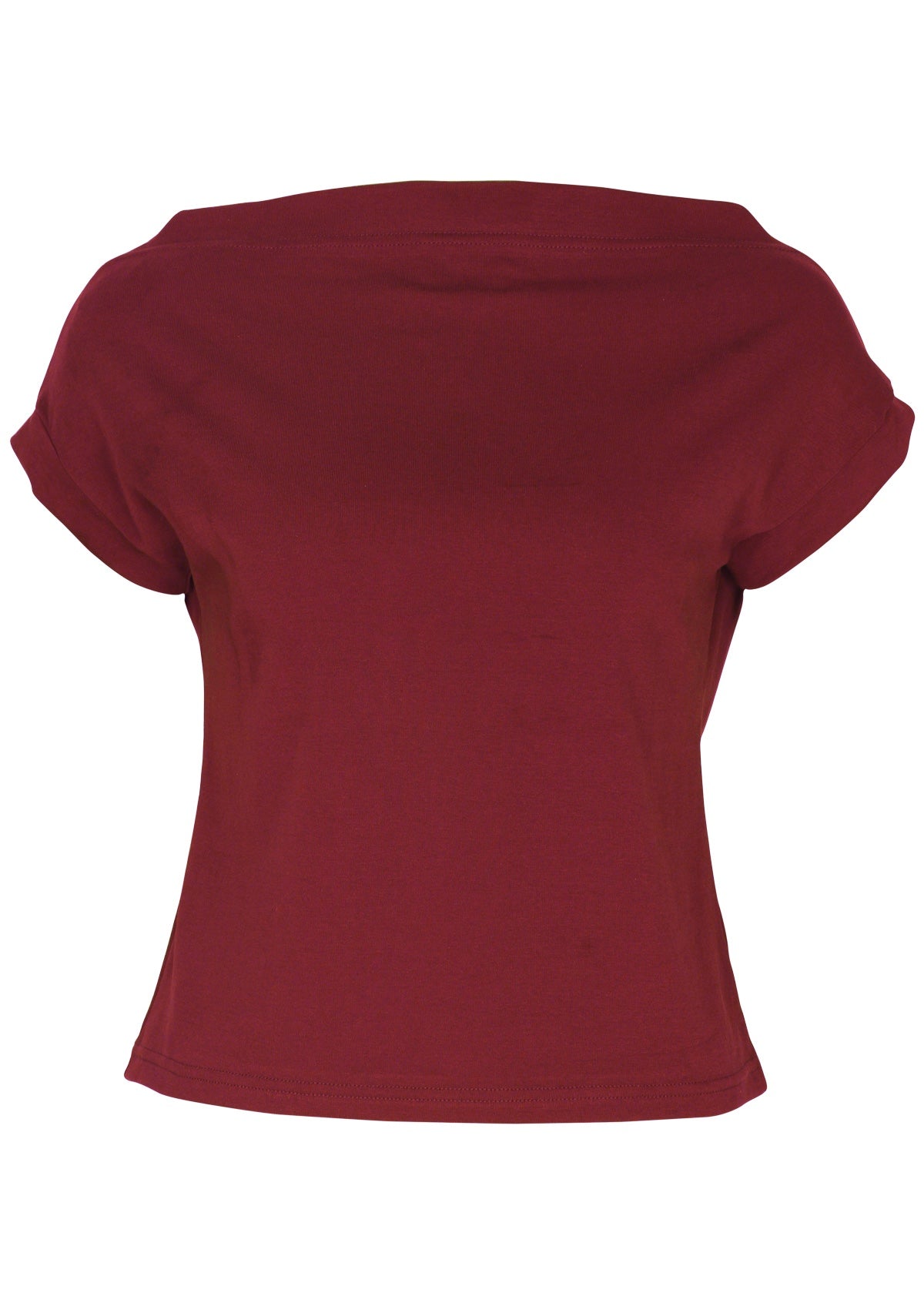 Front view of a women's wide neck mod maroon stretch rayon boat neck top