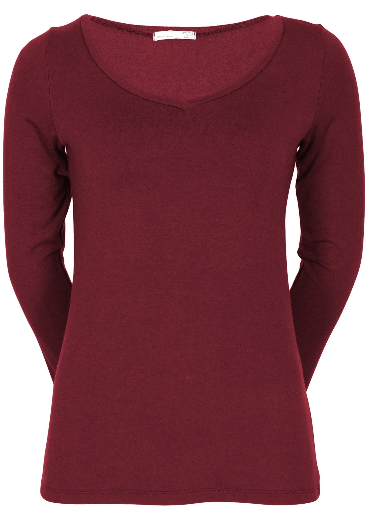 Front view of women's maroon long sleeve stretch v-neck soft rayon top.