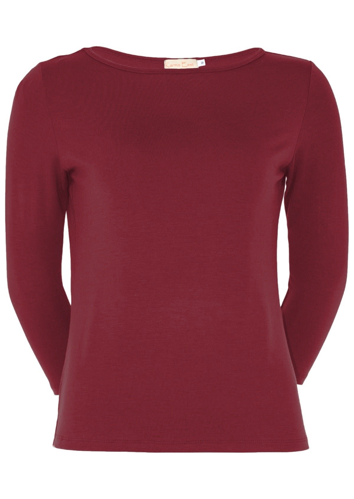 Front view of women's rayon boat neck maroon 3/4 sleeve top.