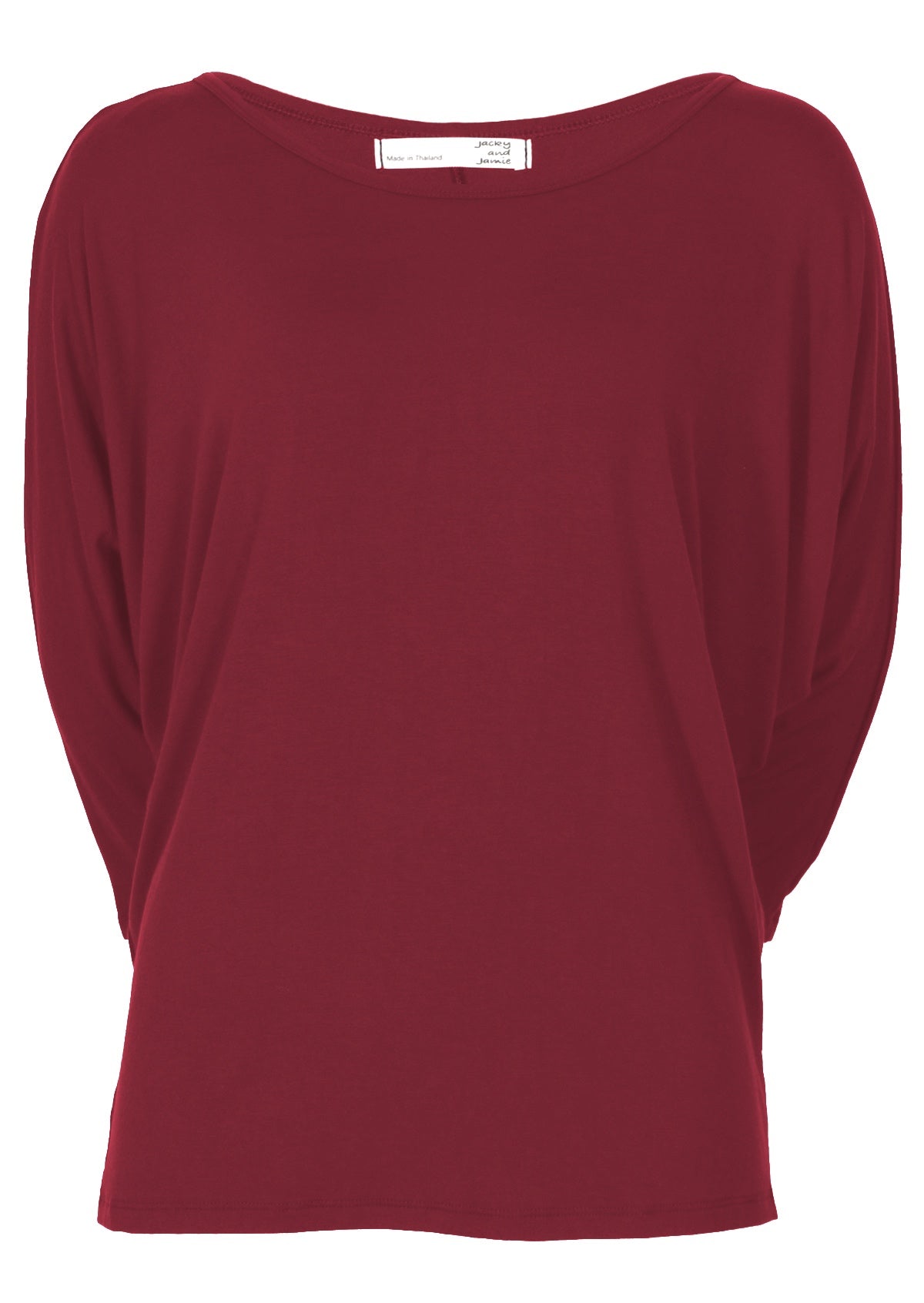 Front view of a women's 3/4 sleeve rayon batwing round neckline maroon top.