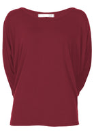 Front view of a women's 3/4 sleeve rayon batwing round neckline maroon top.