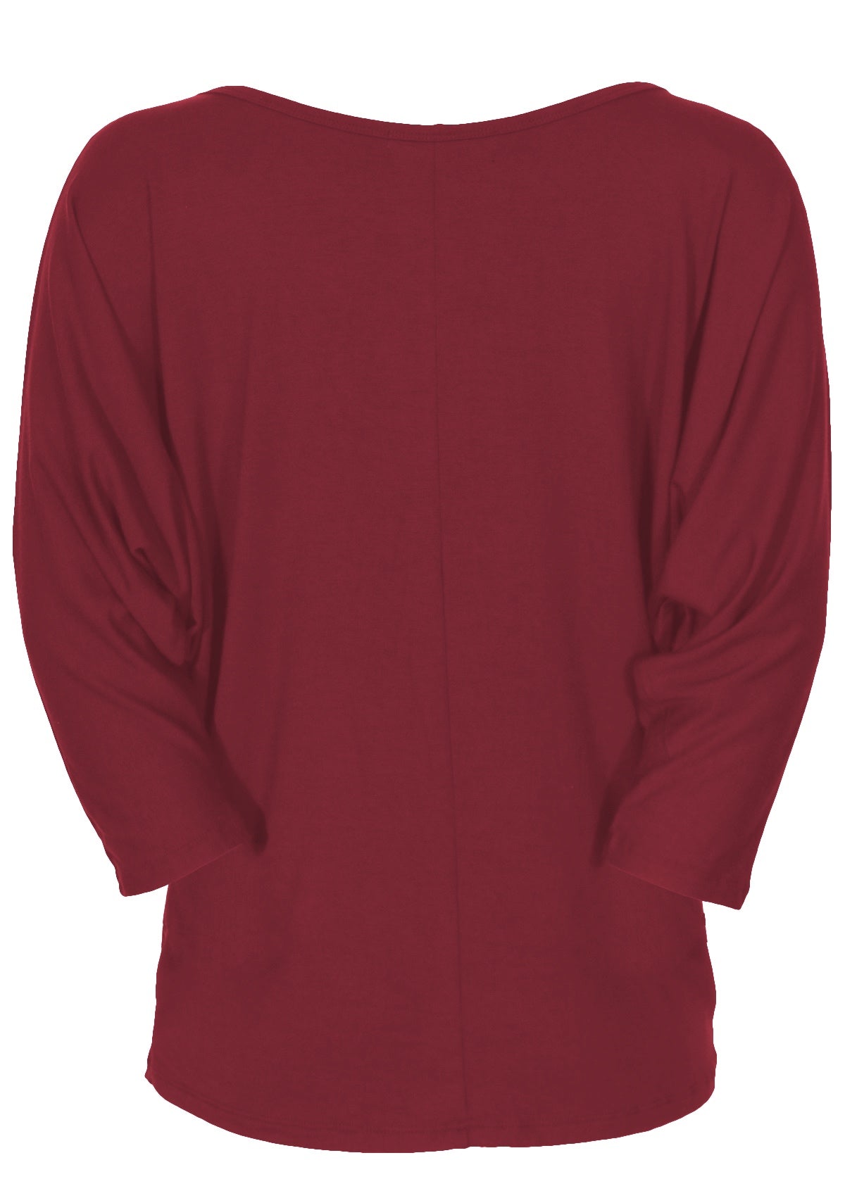 Back view of women's 3/4 sleeve rayon batwing round neckline maroon top.