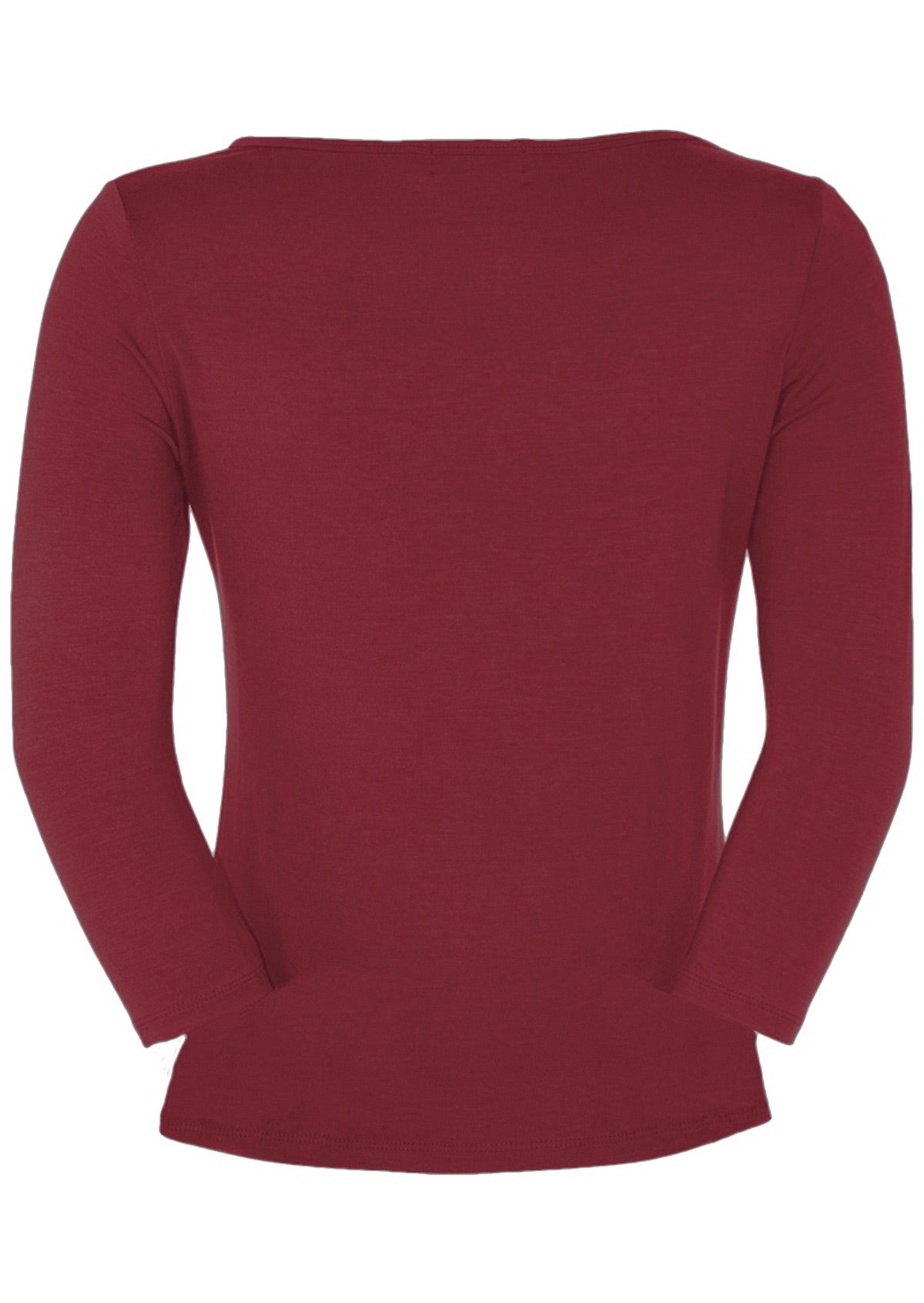 Back view of women's rayon boat neck maroon 3/4 sleeve top.