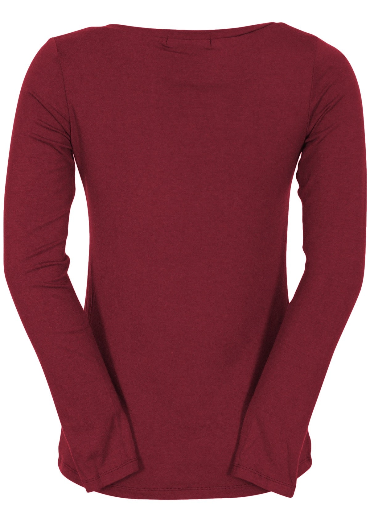 Back view of women's maroon long sleeve stretch v-neck soft rayon top.