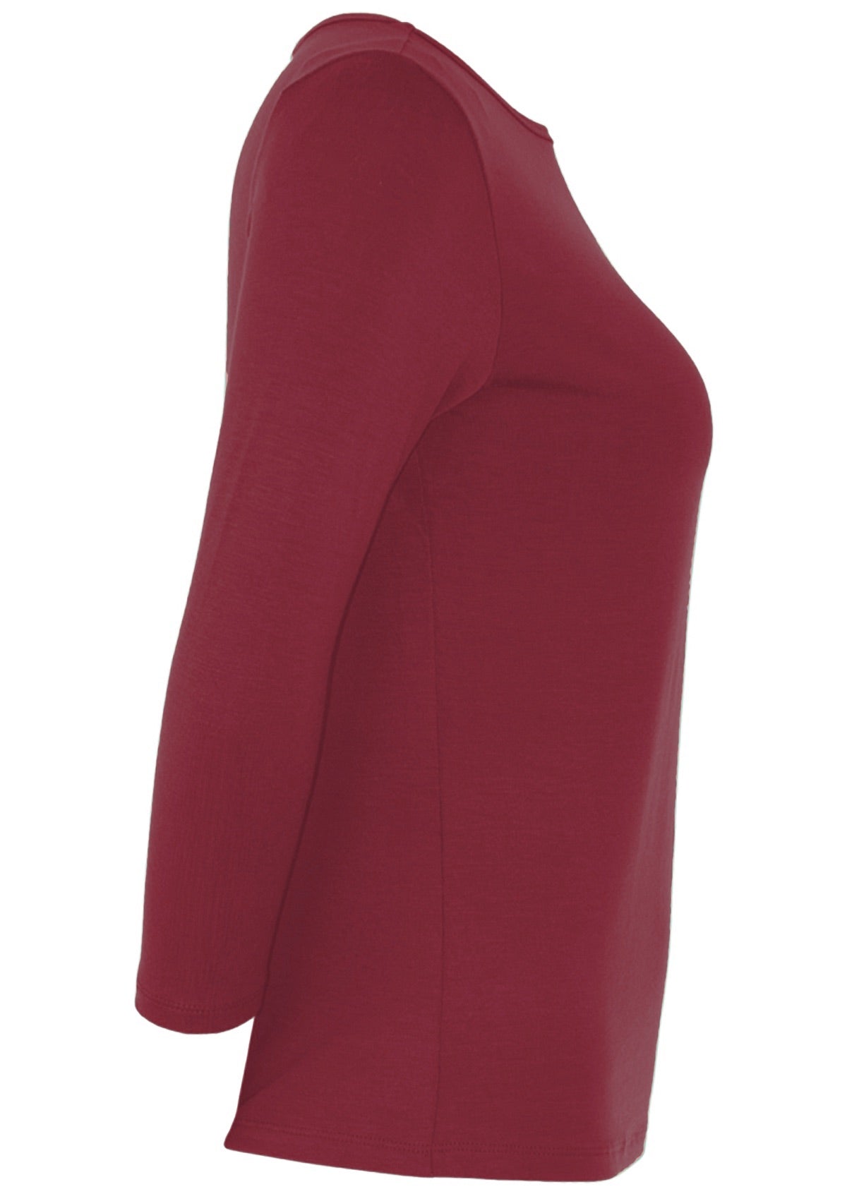 Side view of women's rayon boat neck maroon 3/4 sleeve top.