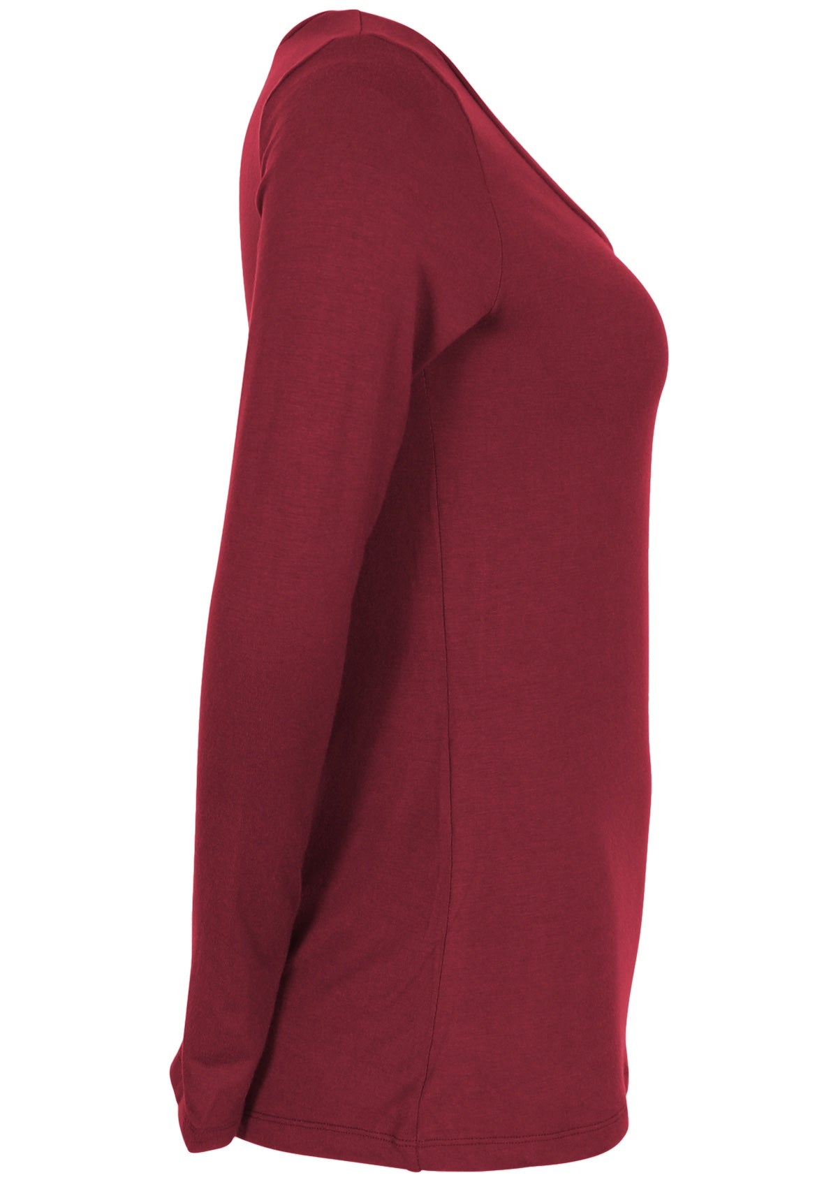 Side view of women's maroon long sleeve stretch v-neck soft rayon top.