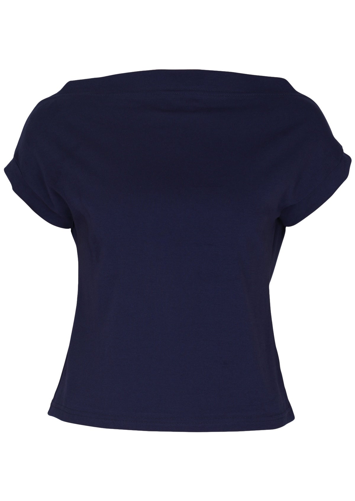 Front view of women's wide neck mod navy blue stretch rayon boat neck top