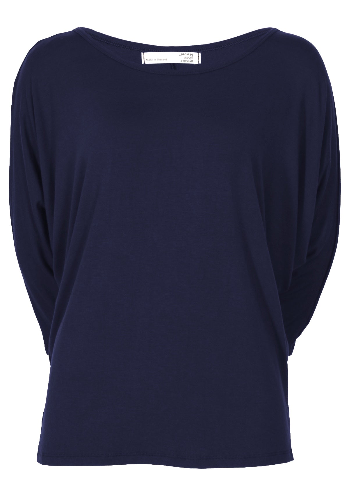 Front view of women's 3/4 sleeve rayon batwing round neckline navy blue top.
