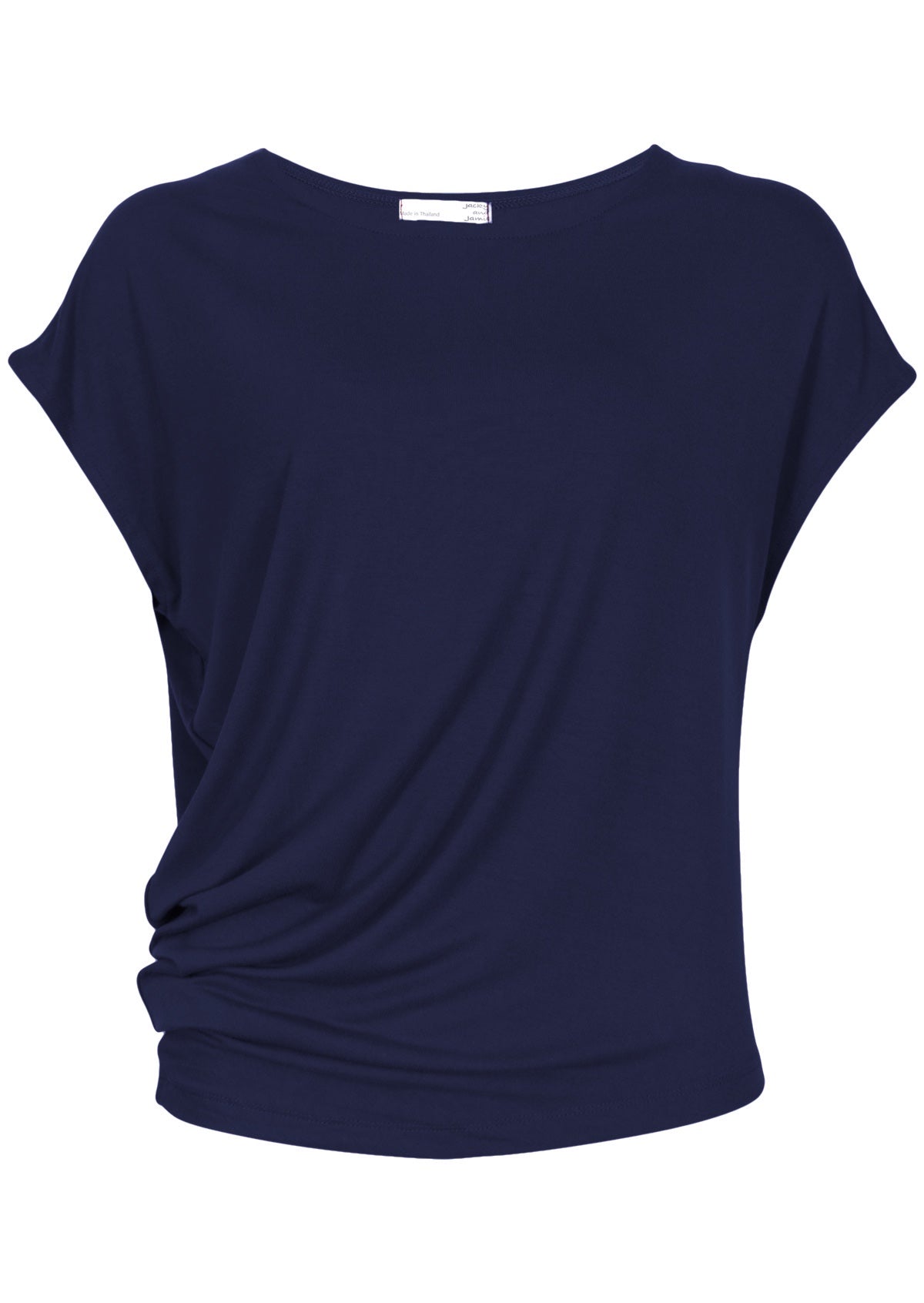 Short sleeve women's navy blue top with asymmetrical detail creating gathering at the side